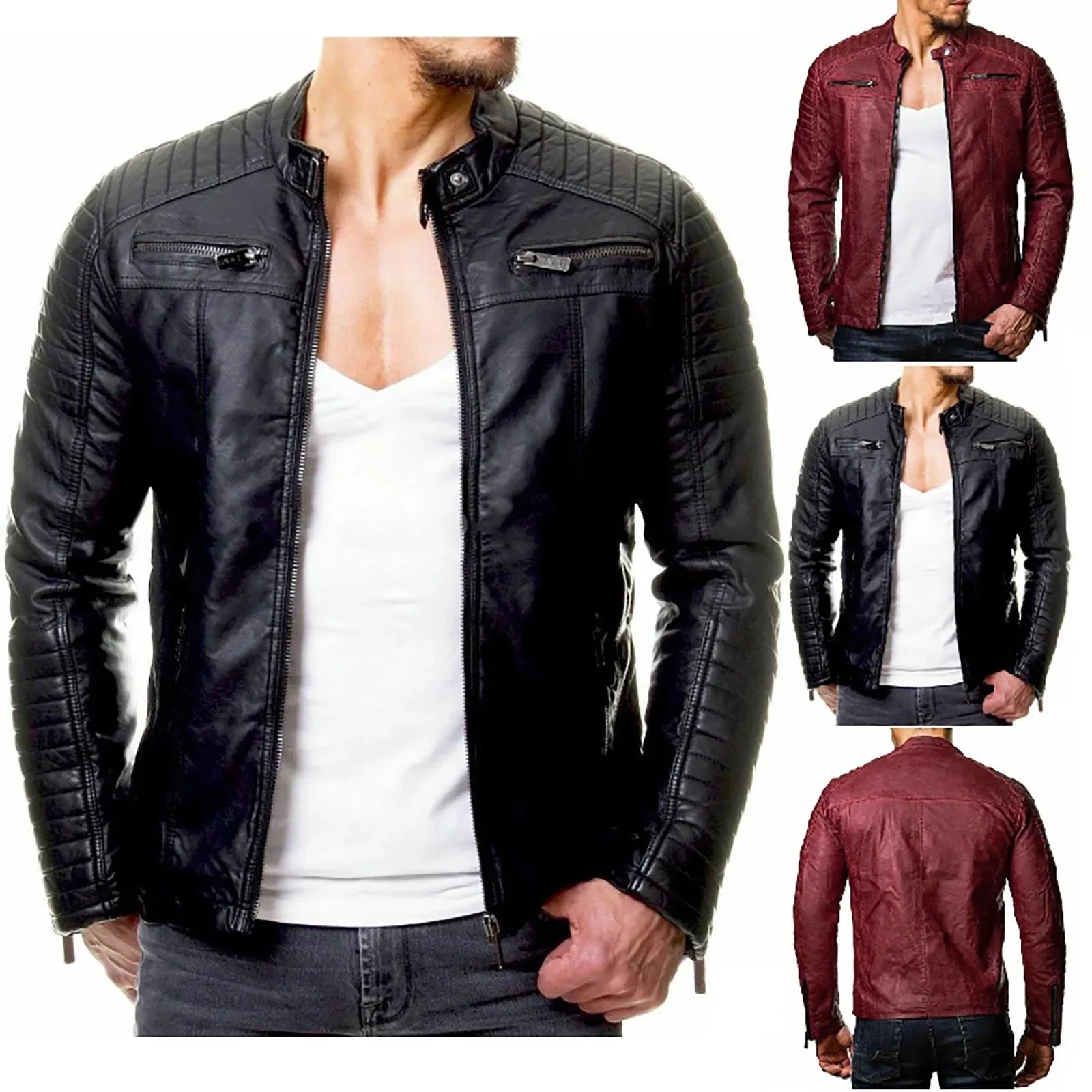 Chaqueta de cuero para hombre, de moda, para motocicleta, cortavientos, impermeable, de color sólido, con cremallera, casual, estilo hip hop, estilo universitario