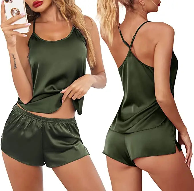 Conjuntos de pijama de satén y encaje sexy para mujer, ropa de dormir, tops sin mangas + pantalones cortos, conjuntos de 2 piezas de pijama para mujer