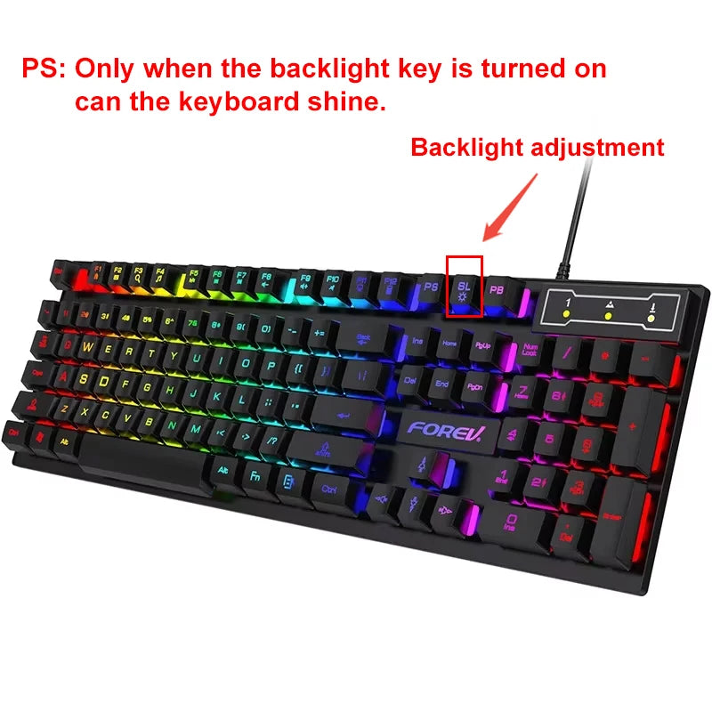 Teclado mecánico retroiluminado de 104 teclas, teclado de juego con cable, teclado luminoso resistente al agua y juego de ratón para PC, portátil, oficina para jugadores