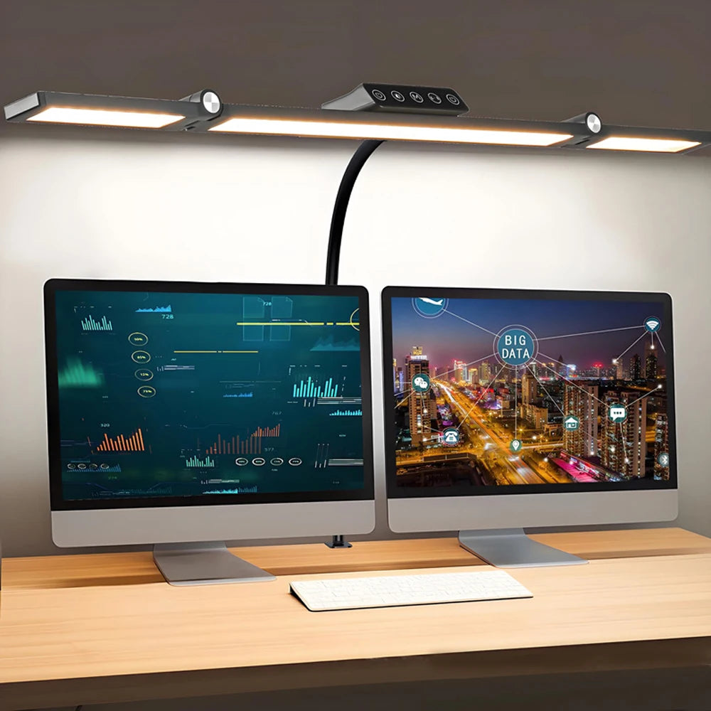 Lámpara de escritorio LED de oficina para el hogar, doble cabezal, atenuación continua, luces de lectura que cuidan la vista, 3 modos de color, lámparas de mesa de PC ajustables y flexibles