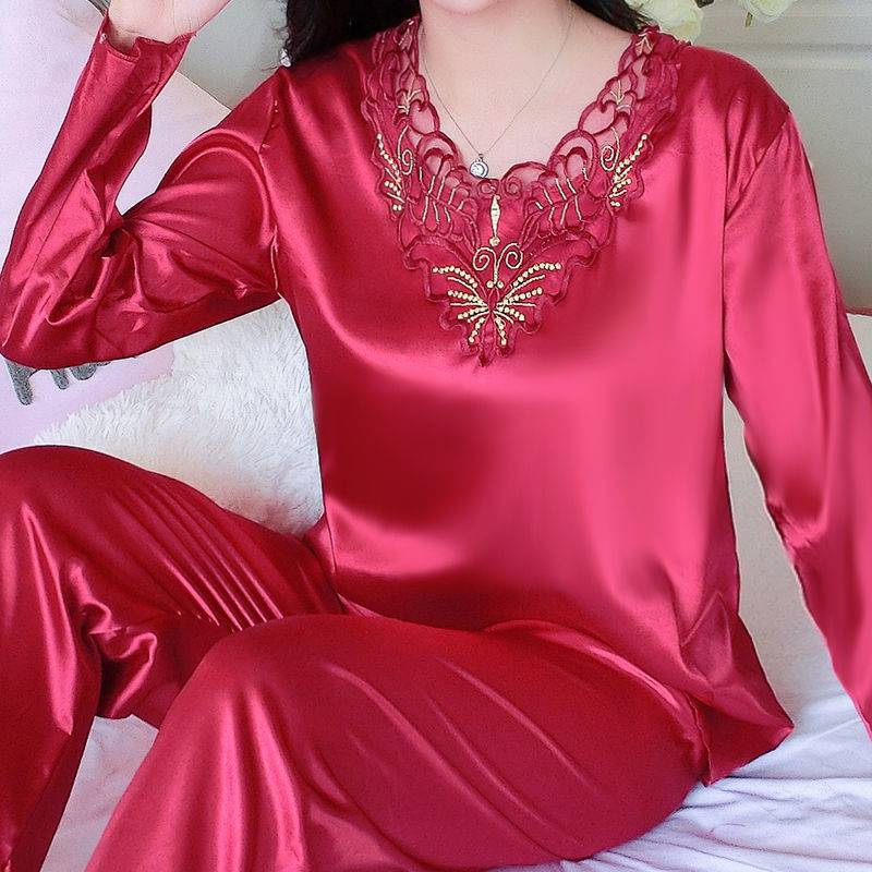 Women's Pajamas Set Summer Long Sleeve And Pants Pyjamas Two-piece Set Pajama Ice Silk Satin Sexy Sleepwear Home Suit Loungewear