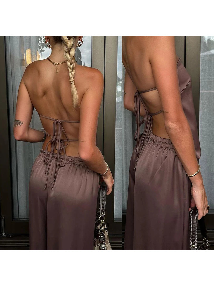 Women Satin Tube Top Pants Set 2 Piece Backless Lace Up Crop Tops Wide Leg Pants Y2k Coquette Clubwear Party Matching Outfits