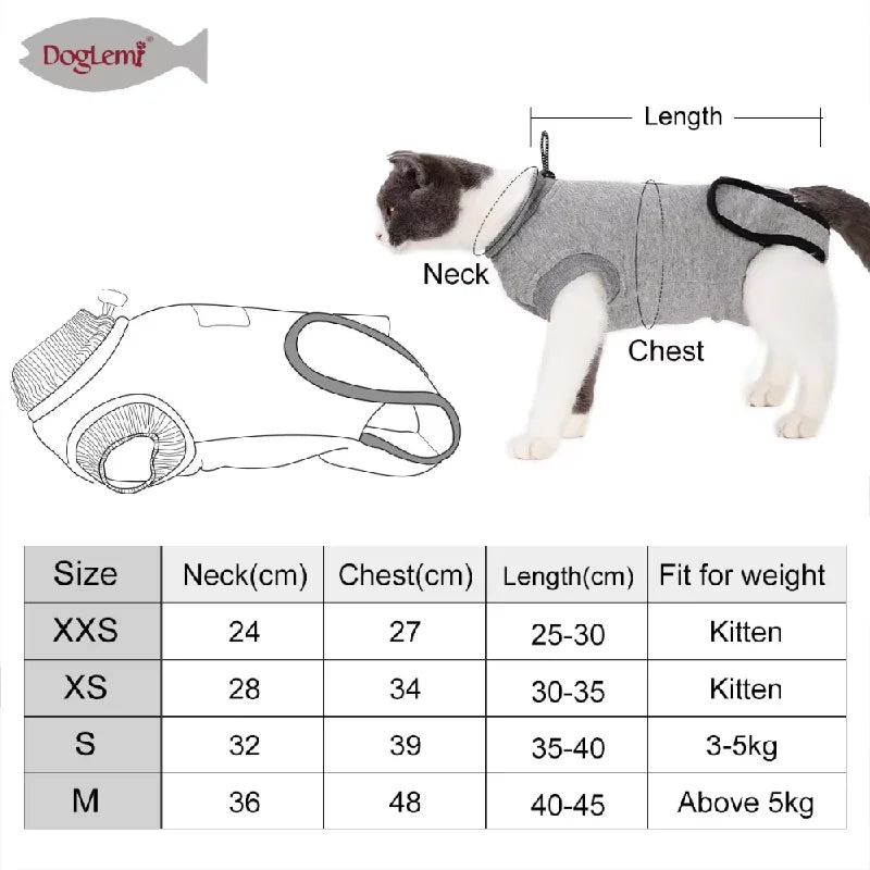 Anti-slikking klær for katter, steriliseringsklær for katter, kastrering, kirurgi, restitusjonsdrakt for katter, avvenning, pustende valpevest med ripebeskyttelse