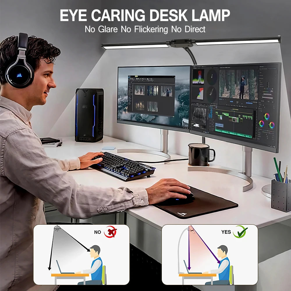 Lámpara de Escritorio LED de Uno o Dos Cabezales con Atenuación Continua, 3 Colores, Cuidado Ocular para el Hogar, Oficina, Luz de Lectura, Lámpara Flexible Ajustable