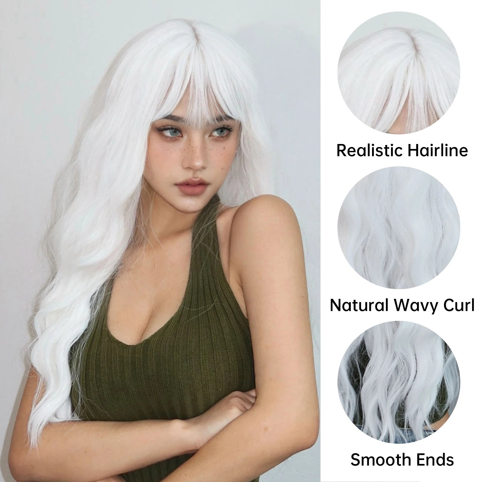 Perruques synthétiques longues et bouclées blanc platine avec frange pour femmes, perruque ondulée Afro Cosplay Lolita, cheveux naturels résistants à la chaleur, pour usage quotidien