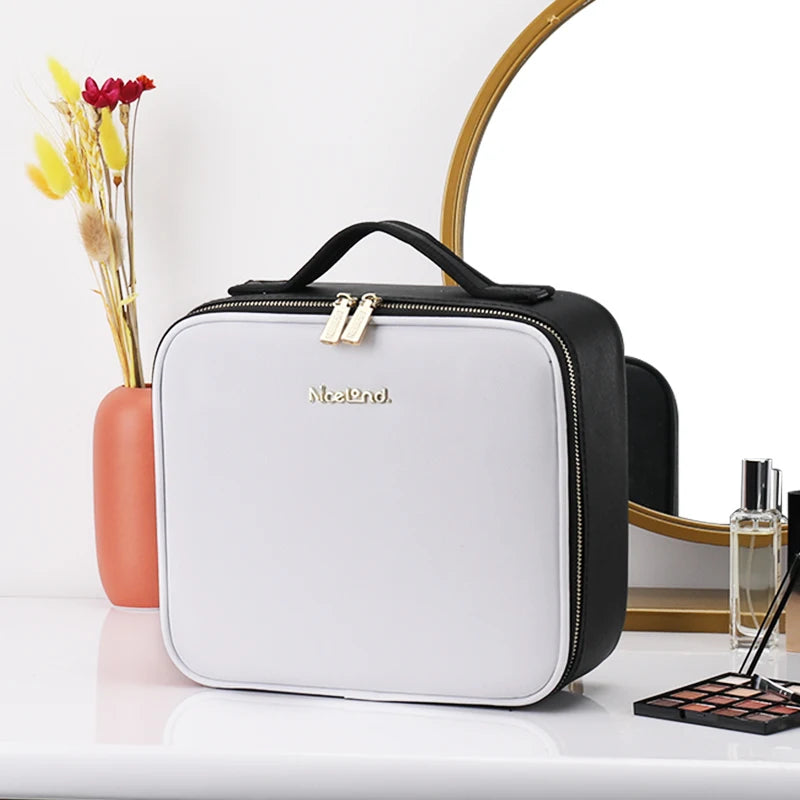 Bolsa de maquillaje, neceser de viaje de gran capacidad, impermeable, organizador de cosméticos con compartimento para brochas de maquillaje y asa para mujer