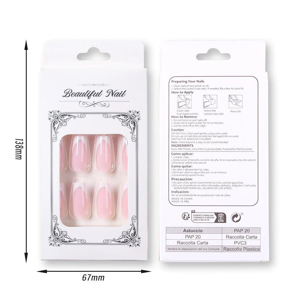 24 Pcs Uñas postizas cuadradas cortas estilo ataúd, uñas postizas francesas con brillo, uñas acrílicas de cubierta completa para mujer, puntas de uñas a presión tipo ballet