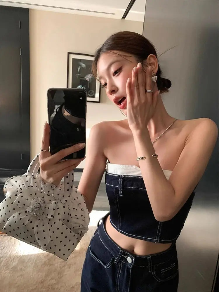 Conjunto de pantalón de mujer Verano Azul Contraste Top sin tirantes Chica Caliente Pantalones vaqueros de talle alto Adelgazantes Conjunto de dos piezas Ropa de mujer