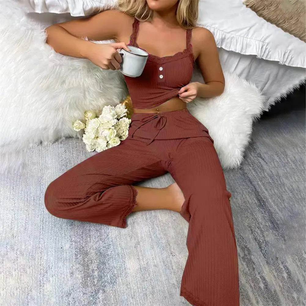 Conjunto de pijama casual sexy para mujer, de verano, de encaje, pantalones largos, sexy, de dos piezas, pantalones largos, conjunto de pijama para estar en casa