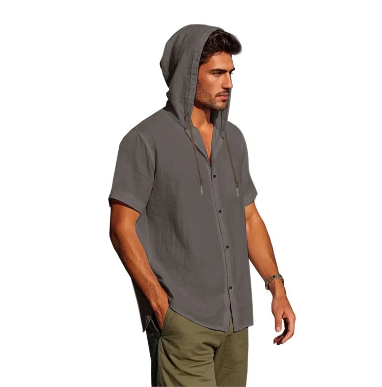 Men's Short Sleeve Shirt Cotton Linen Solid Color Shirts Men Hooded Casual Shirt Man Single Breasted Tops Men Breathable Shirt