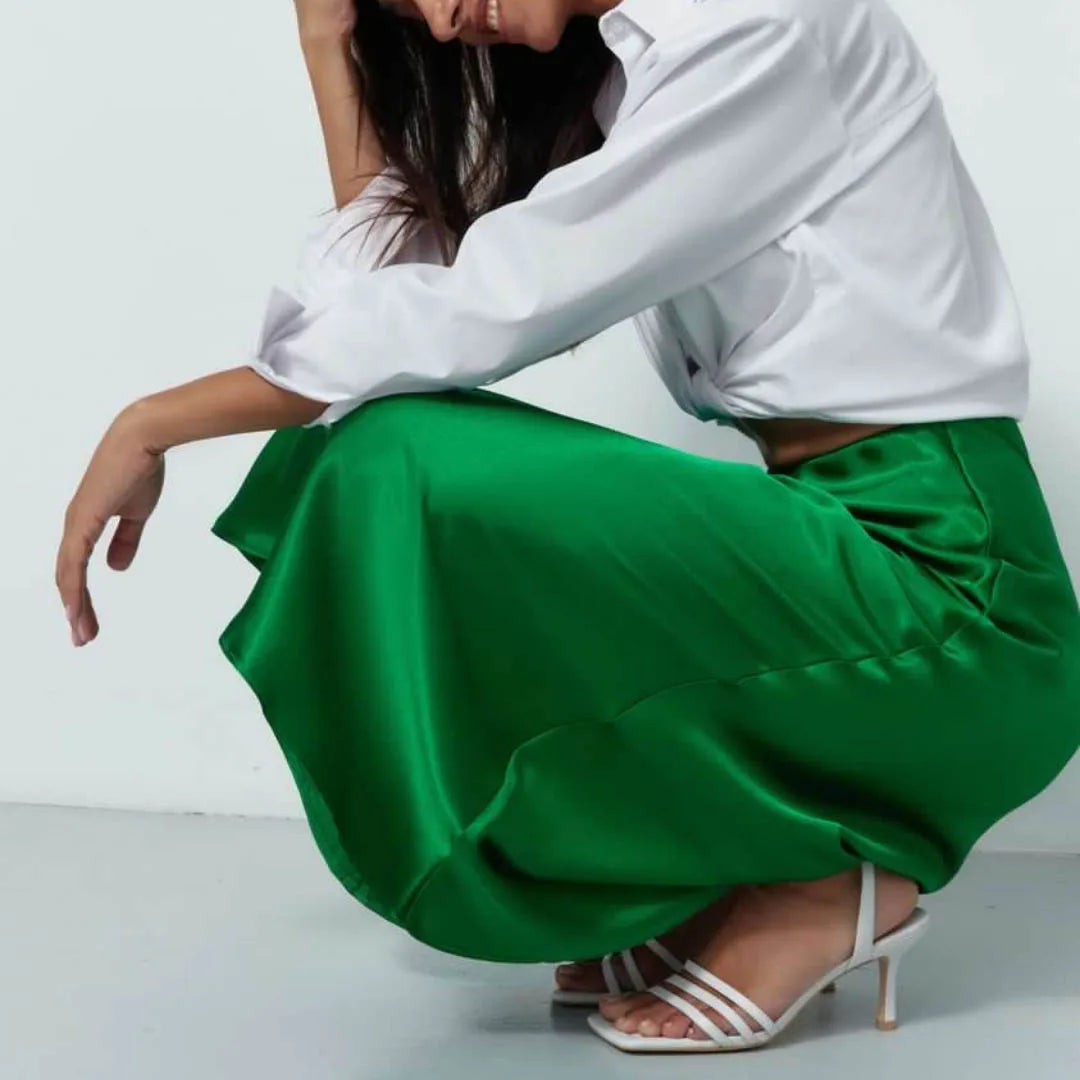 Faldas de satén de seda para mujer estilo coreano color champán para oficina, cintura alta, falda acampanada, moda elegante, falda lápiz larga sólida 2025