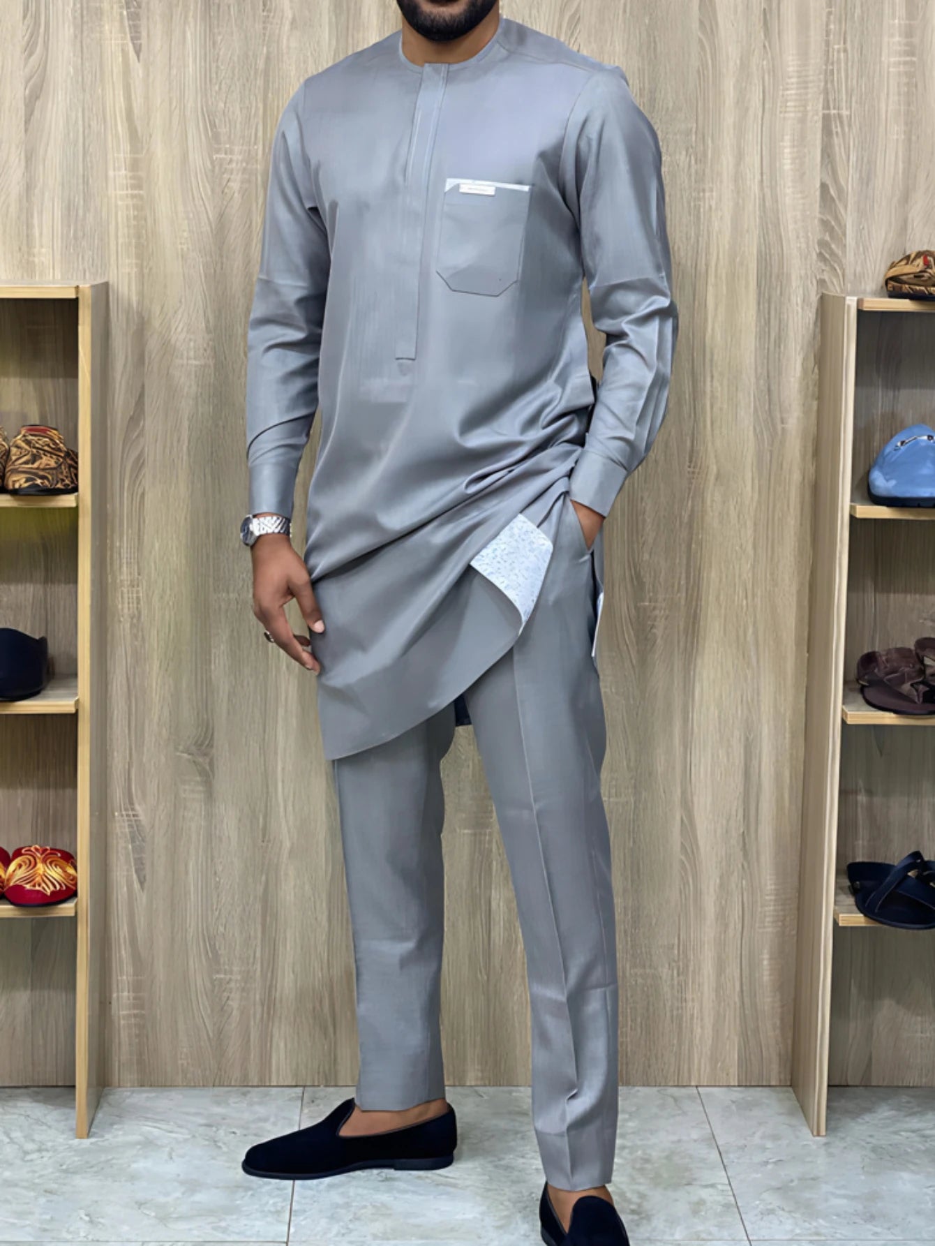 Traje de fiesta africano para hombre, conjunto de dos piezas, cuello redondo, mangas largas, bolsillo, empalme, top y pantalones, ropa de verano africana, atuendos sencillos de caballero