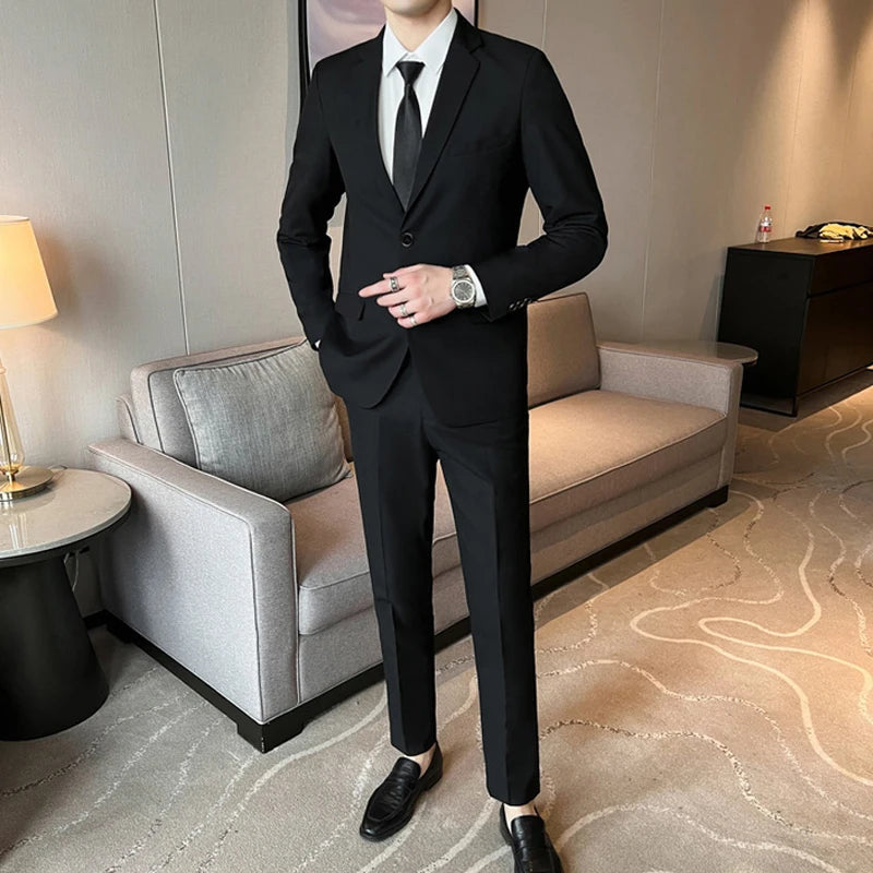 Trajes para Hombre Moda Coreana Manga Larga Ajustado Boda Negocios Blazer Negro Profesional Formal Conjuntos de Pantalones Ropa Hombre