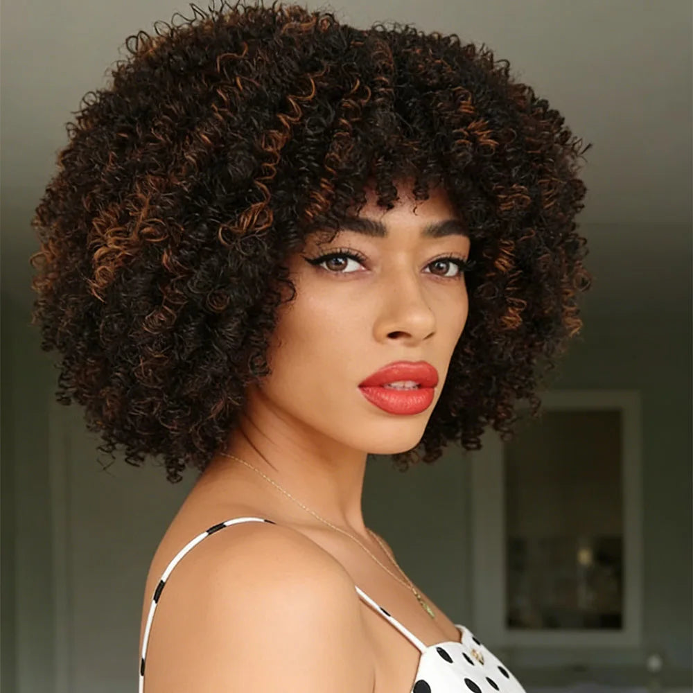 Synthetic Afro Kinky Curly Hair Wigs With Bangs Soft Fluffy Fiber Cheap Machine Made Wig For Women Party Cosplay Daily Use