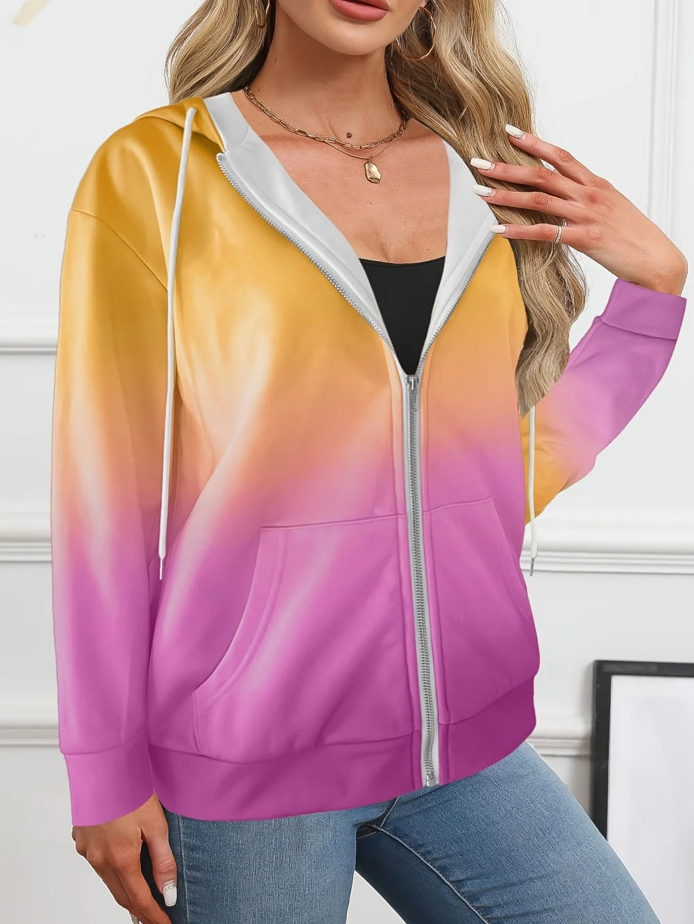 Sudadera con capucha y cremallera con degradado para mujer