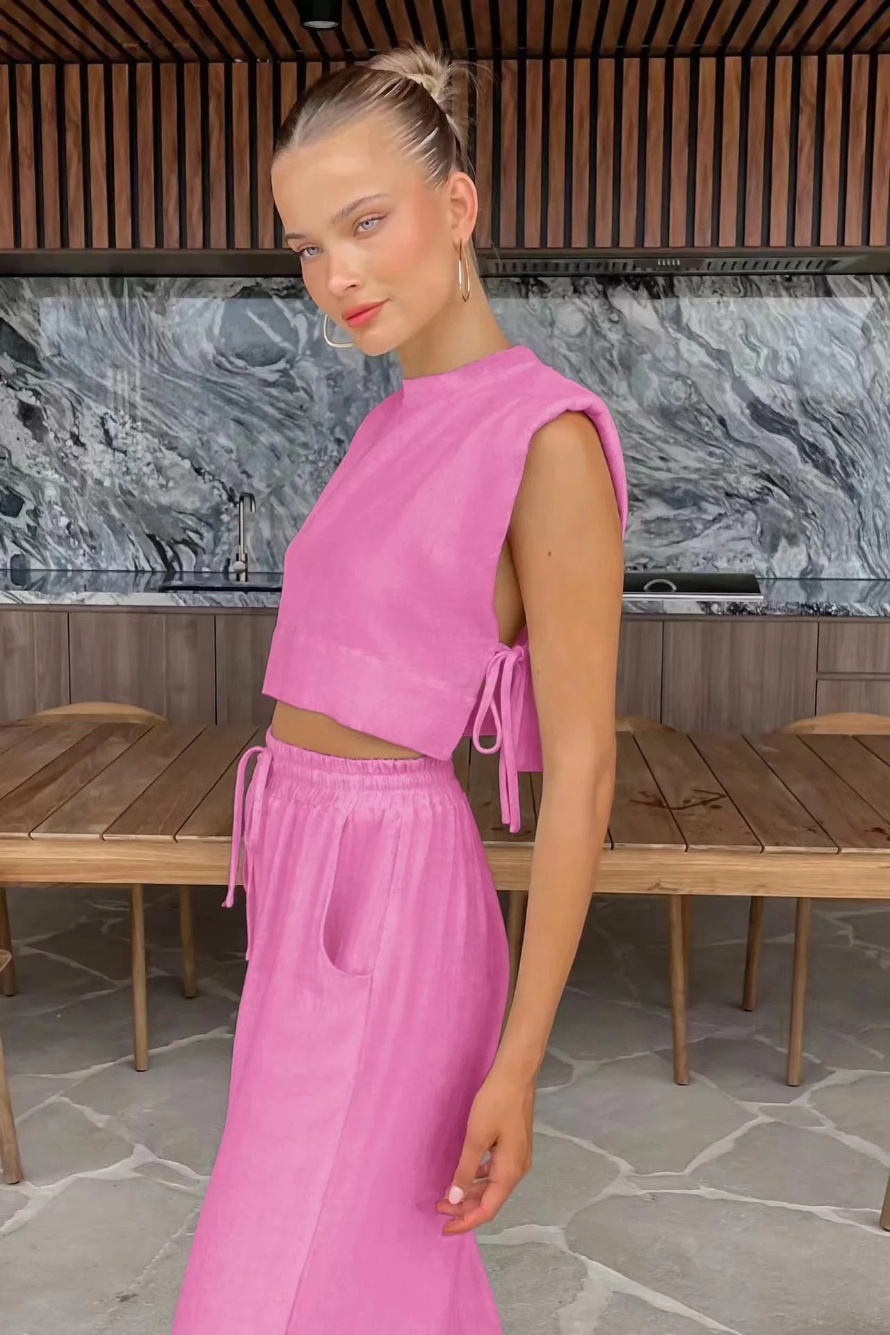 Cotton And Linen Pant Sets Women Sleeveless Leace-up Short Tops Drawstring Long Pants Two Piece Set Commuting 2025 Summer New