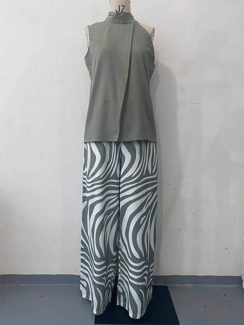 Conjunto de blusa sin mangas halter y pantalones de pierna ancha para mujer, nuevo, sexy, de verano, elegante, casual, de dos piezas para oficina