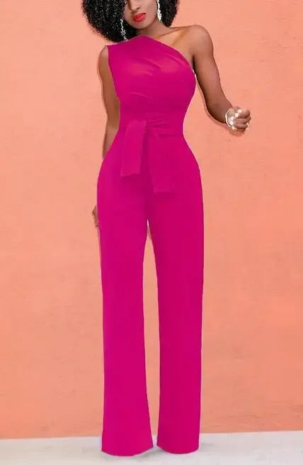 Damejumpsuit Ensfarget Skjev Krage Avskåret Topp Rette Bukser Belte Sexy Ermeløs Løse Bukser Elegant Sjarmerende Playsuits