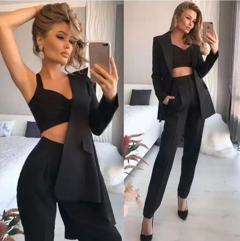 Nuevo Traje Elegante de Oficina para Mujer de 3 Piezas, Transpirable, con Cuello Vuelto, Trajes de Chaqueta y Vestido para Mujer, Chaqueta Delgada + Chaleco + Conjunto de Pantalones