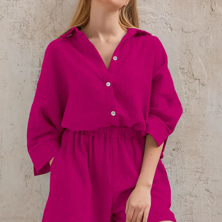 Cotton Pajamas For Women Sets Suit Casual Sleepwear Turn-Down Collar Nine Quarter Sleeve Sleep Tops Shorts Female Homewear 2023