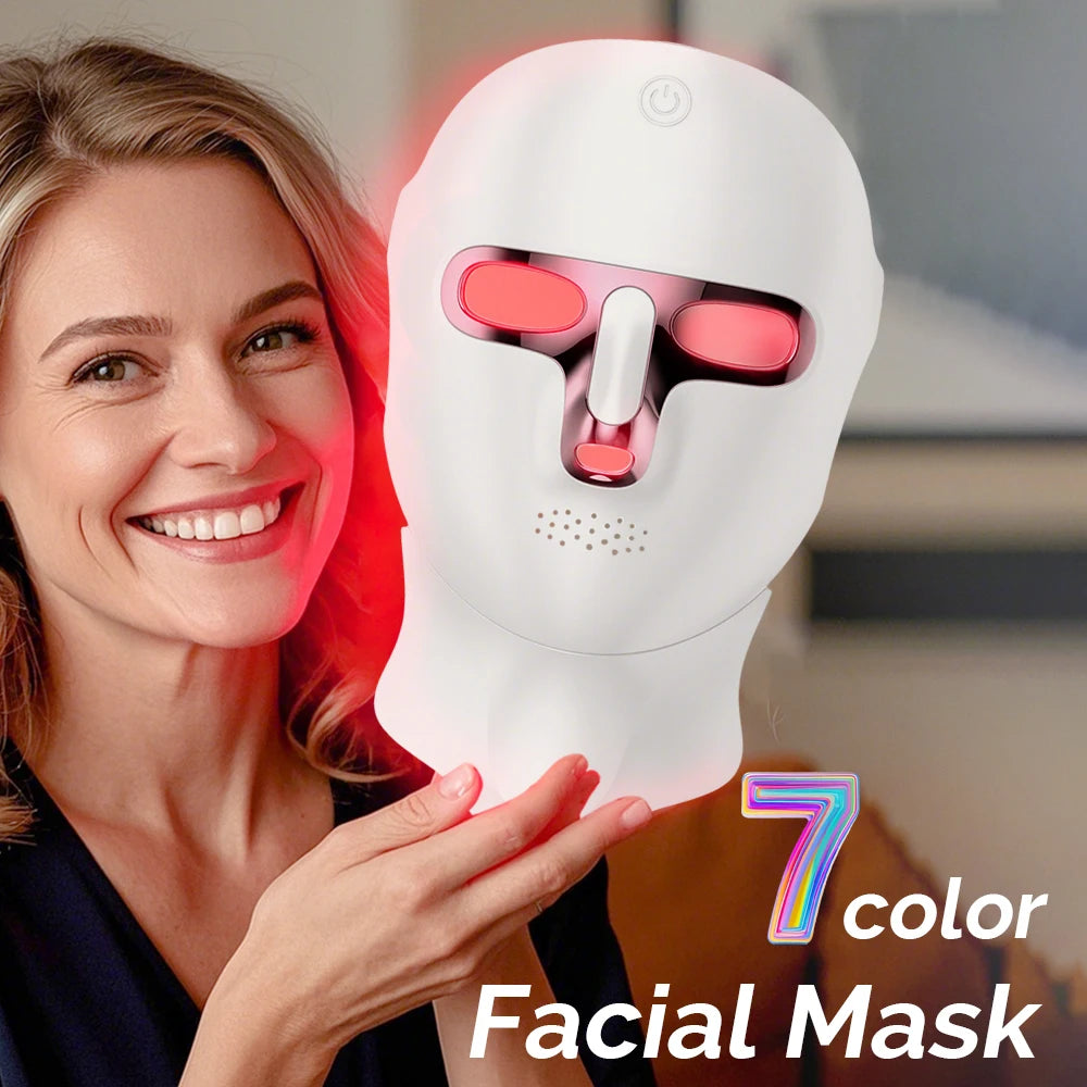 Mascarilla facial LED de 7 colores para rejuvenecimiento facial y de cuello con fotones, blanqueamiento, estiramiento, recargable, para el cuidado de la piel y el cuello, tratamiento de belleza