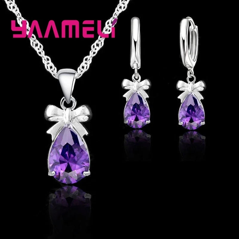 Conjunto de joyas de plata de ley 925 para mujer con pendientes de collar con colgantes de cristal austriaco en forma de gota de agua, regalo para compromiso o boda