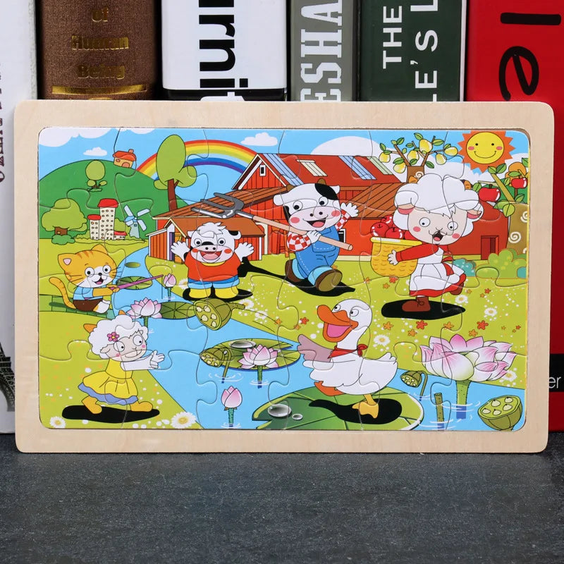 Rompecabezas de madera de 24 piezas para niños, diseño de animales de dibujos animados, juguete educativo temprano de madera para niños, regalo