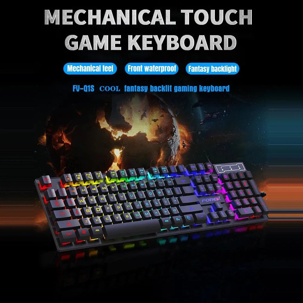 Teclado mecánico retroiluminado de 104 teclas, teclado de juego con cable, teclado luminoso resistente al agua y juego de ratón para PC, portátil, oficina para jugadores