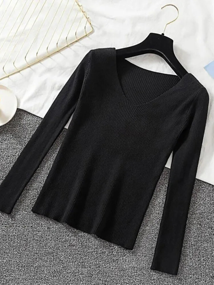 Suéter de mujer nuevo otoño invierno de manga larga jersey básico top de moda cuello en V elástico femenino invierno de punto sólido