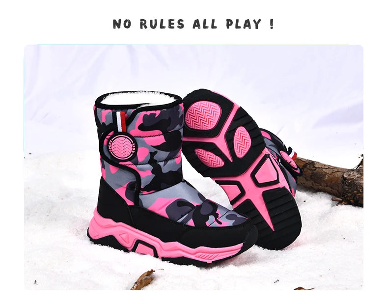Winter Children Casual Shoes Girls Non-slip Warm Fur Snow Boots Boys Tactical Sneakers Kids Outdoor Footwear Padded Boots Female