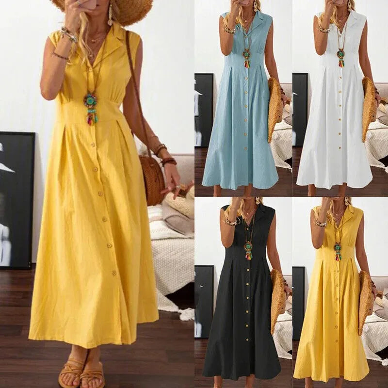 Nuevos Vestidos Moda Femenina Solapa Línea A Vintage Lino Algodón Falda Larga Ropa de Mujer Blusas
