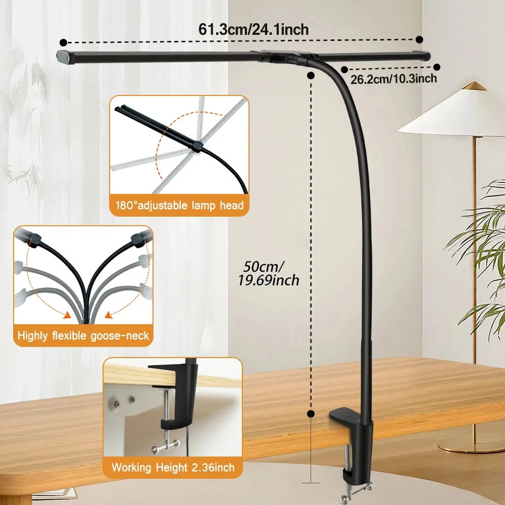 Lámpara de escritorio LED para oficina y hogar, lámpara de arquitecto para el cuidado de la vista con abrazadera, luz de mesa inteligente para monitores de doble pantalla