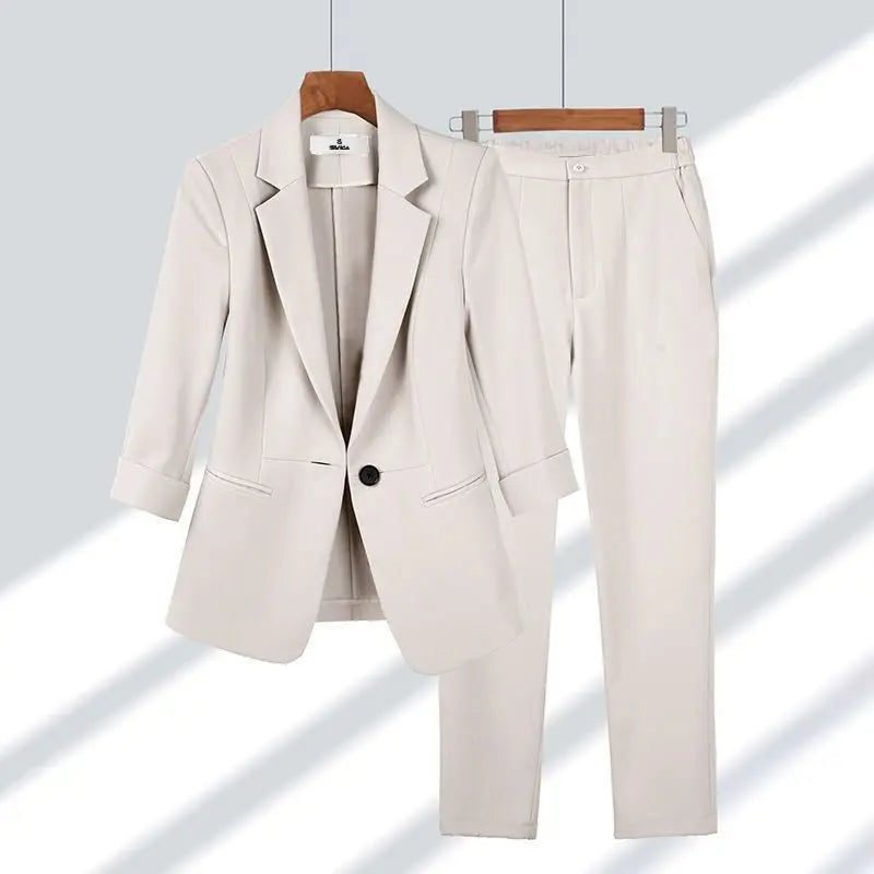 Women Blazer Pants Suits Single Button Turn Down Collar Cardigan Long Sleeve Pockets Office Lady Loose Solid Pencil Pants