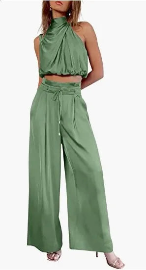 Ensemble deux pièces pour femme, pantalon ouvert au nombril, haut sans manches en soie plissée, pantalon large, ensemble assorti d'été 2024