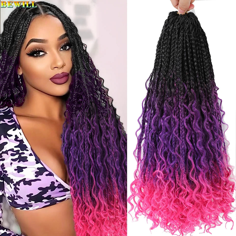 18" Long Boho Braids Extensions Goddess Box Braids Crochet Hair Black Purple Pink Synthetic Braiding Hair Bohemian Hippie Braids
