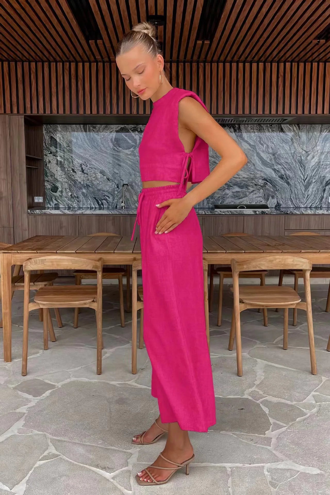 Cotton And Linen Pant Sets Women Sleeveless Leace-up Short Tops Drawstring Long Pants Two Piece Set Commuting 2025 Summer New