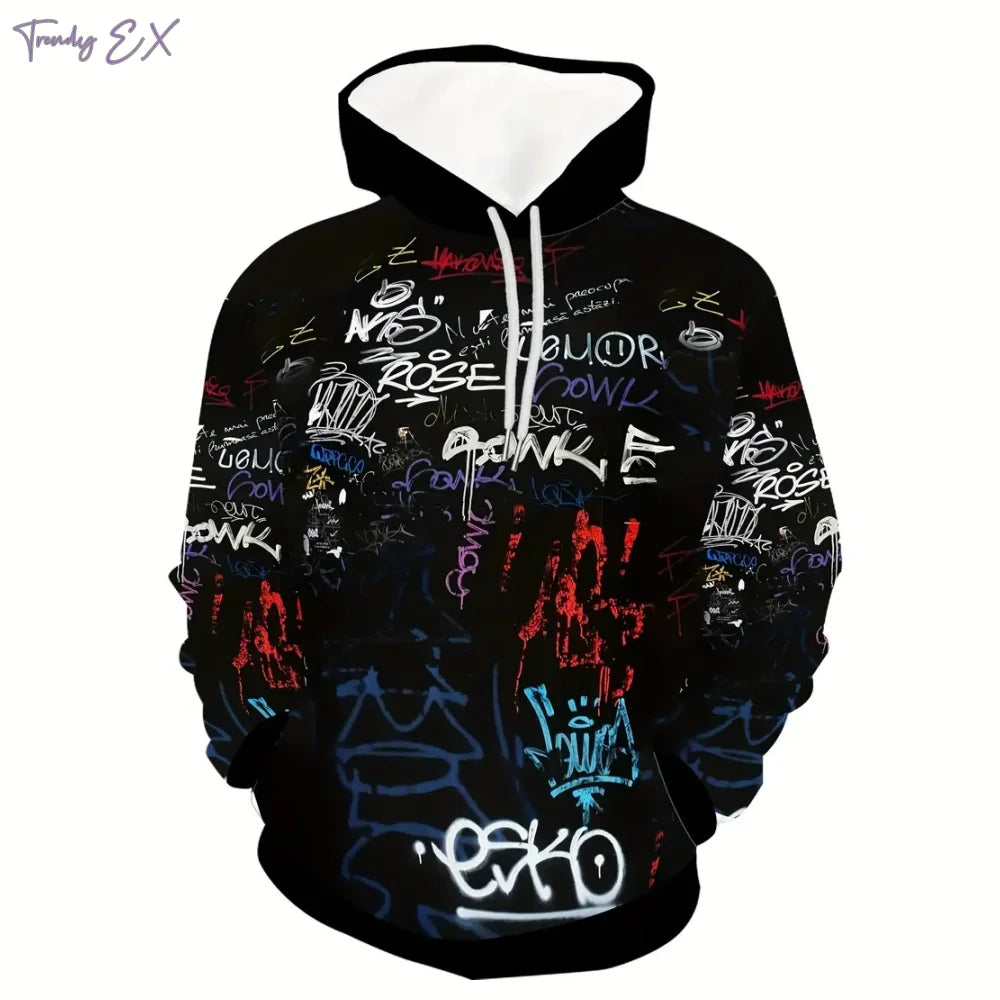 Sweat-shirts pour hommes Mode Imprimé Graffiti Décontracté Sweat à capuche surdimensionné Confort Poche kangourou Sport Manches longues Sweat à capuche