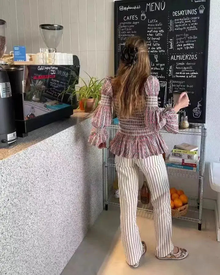 Tops para mujer Vintage a cuadros, elástico, plisado, camiseta informal con cuello redondo, manga larga, dobladillo con volantes, Top, primavera, elegante, para mujer, ropa de calle