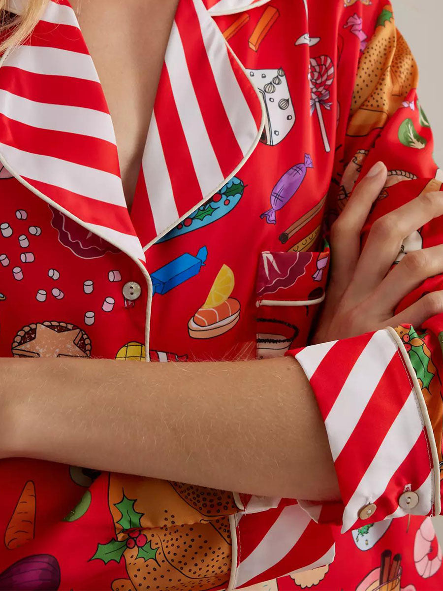 Conjunto de pijama de mujer con estampado de animales y comida, tops de manga larga con botones y pantalones, ropa de dormir para estar en casa