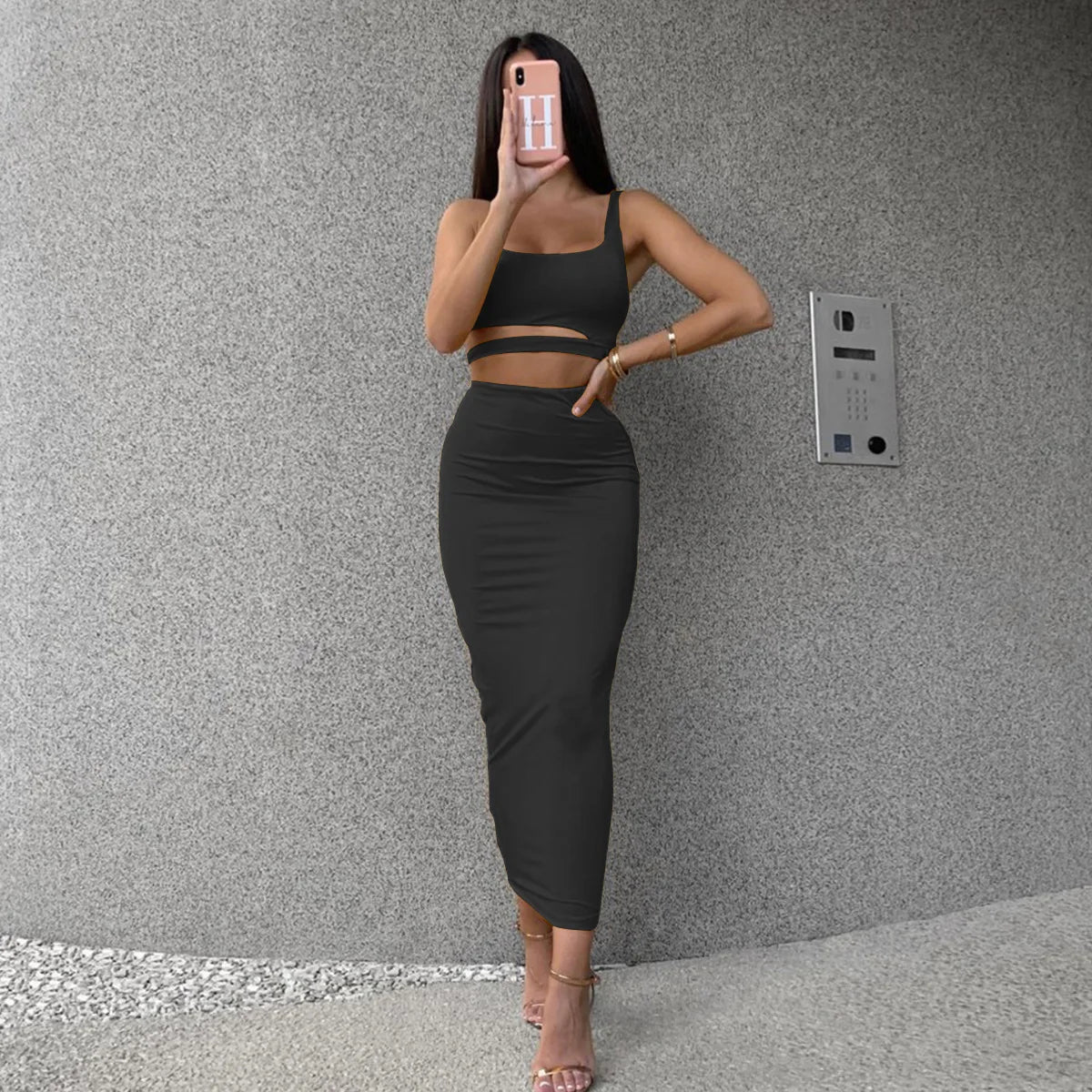 Conjuntos de faldas de verano para mujer, top corto sin tirantes con aberturas + conjuntos de falda ajustada elástica de cintura alta, trajes de dos piezas sexys para mujer a la moda