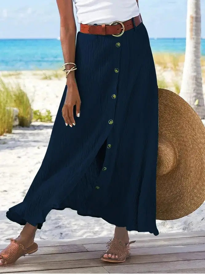 Falda de mujer primavera verano, nueva moda casual, algodón y lino, color sólido, botones, falda dividida, línea A, cintura alta, falda larga.