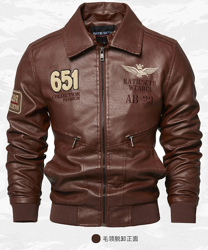 Chaquetas de moto para hombre de moda otoño/invierno casual de cuero bordadas estilo aviador en invierno terciopelo PU Jacke