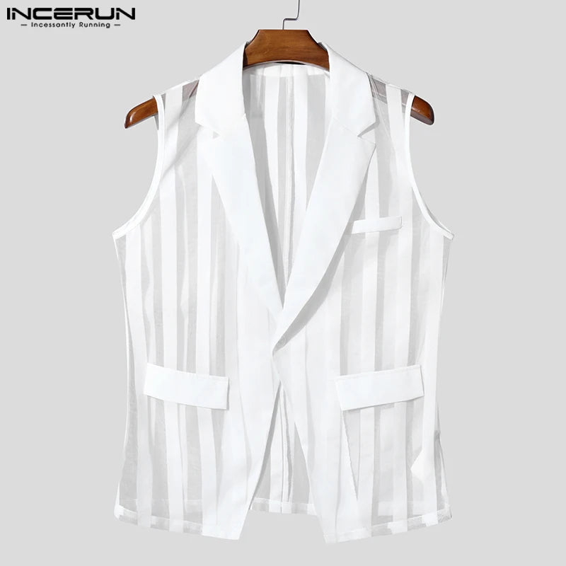 Men Vests Mesh Striped Transparent Sexy Lapel Sleeveless One Button Male Waistcoats Streetwear 2025 Fashion Casual Vests INCERUN