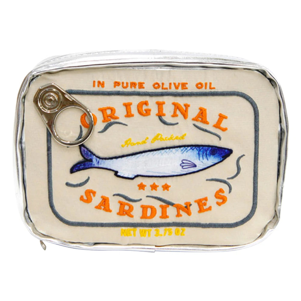 Bolsa de cosméticos única de sardinas enlatadas, bolsa de aseo portátil, bolsa de maquillaje con cremallera de moda para mujer, bolsa de viaje para hombre para vacaciones
