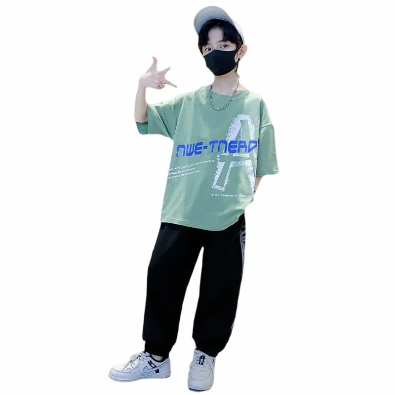 2025 summer Teenager Boys Clothes Casual Kids Tracksuit Child t shirt + Ankle-tied long pant 4 5 6 7 8 9 10 12 11 13 14 Year