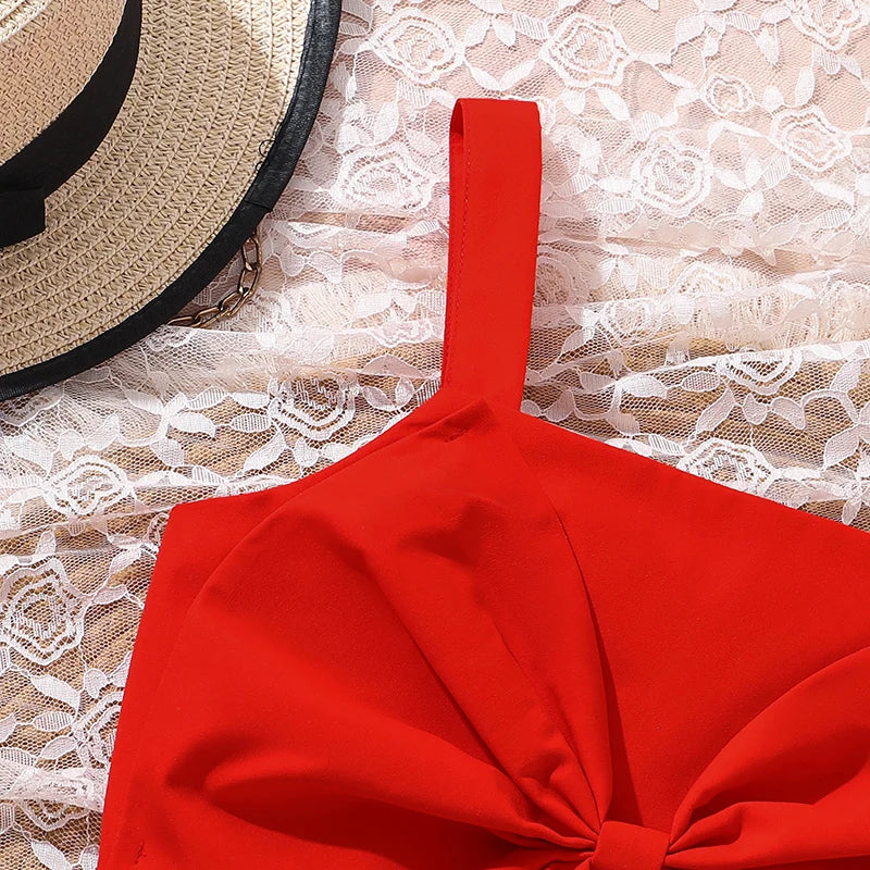 kids Clothing Sets For Girls Red Sleeveless Square Collar Ruffled Bowknot Elastic-Waist 8-12 Years Summer Fashion Sweet Style