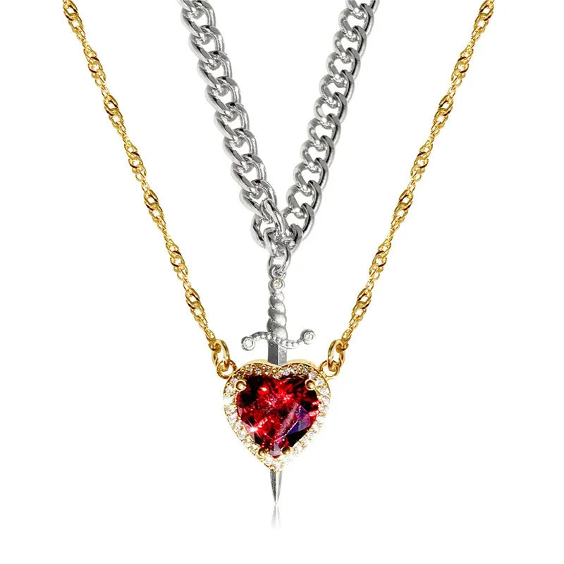 Collar de corazón y espada Collares para parejas Anillo de cristal de circonita Pulsera Conjunto de joyas para regalos románticos del Día de San Valentín