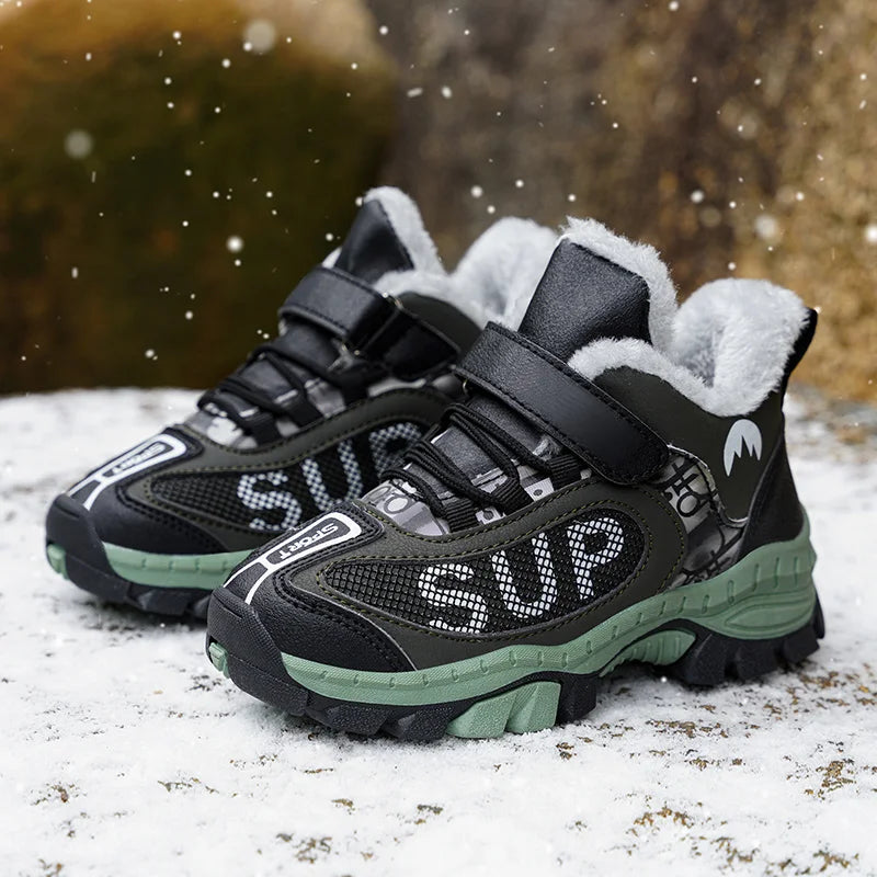 Winter Plus Velvet Hiking Shoes For Kids Non-slip Platform High Top Sports Shoes Boys Outdoor Warm Plush Children's Sneakers