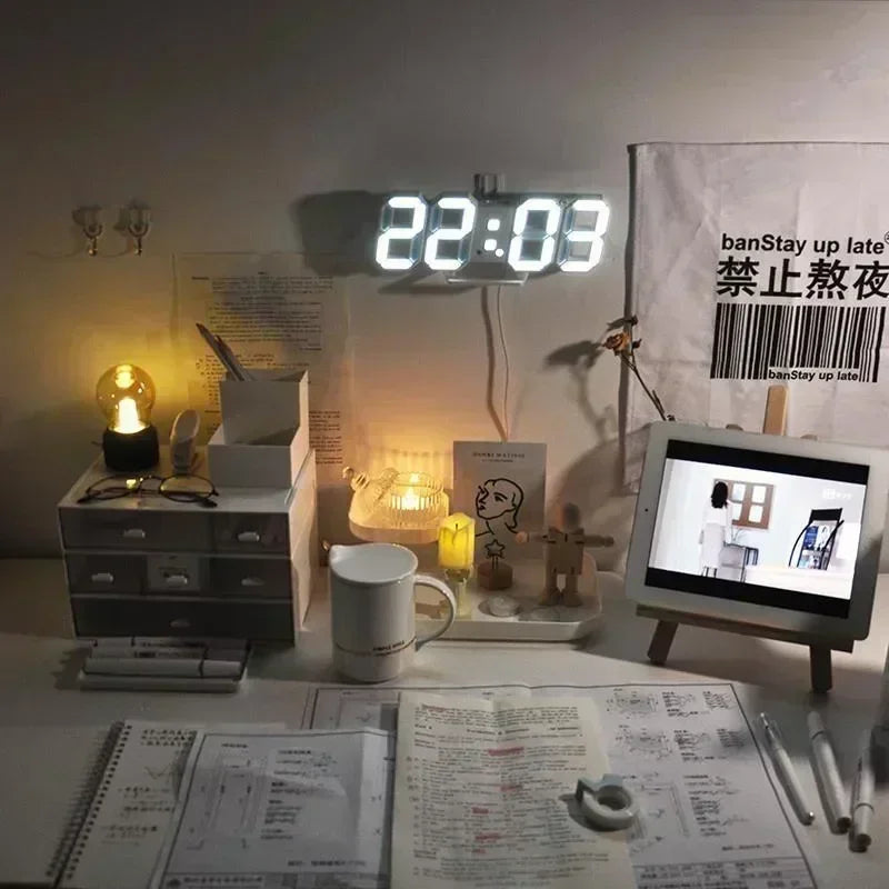 Reloj digital de pared, decoración para dormitorio, relojes electrónicos ajustables, relojes 3D LED para decoración del hogar, reloj con modo nocturno que brilla.