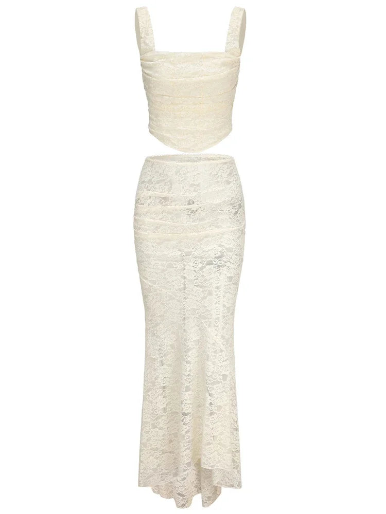 Ensemble 2 pièces jupe longue en dentelle et bandage pour femme, mode patchwork, dos nu, taille haute, élégant, à lacets